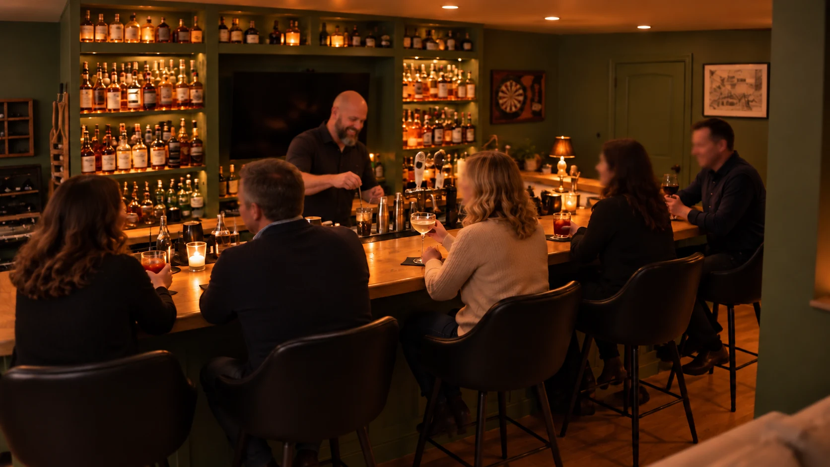 A softly blurred gathering of friends at the Oak Bar’s green-and-oak home bar