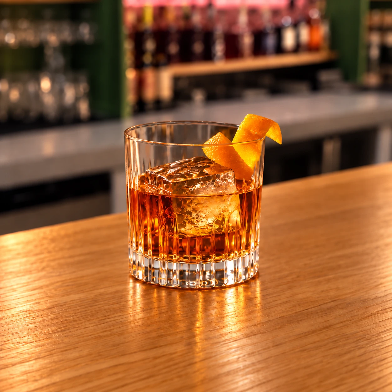 Old Fashioned in a Viski Milo Reserve glass on the Oak Bar countertop